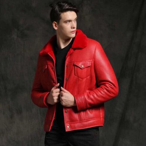 New Mens Red Shearling Jacket Winter Fur Overcoat Short Leather Sheepskin Coat Thick Warm Parkas