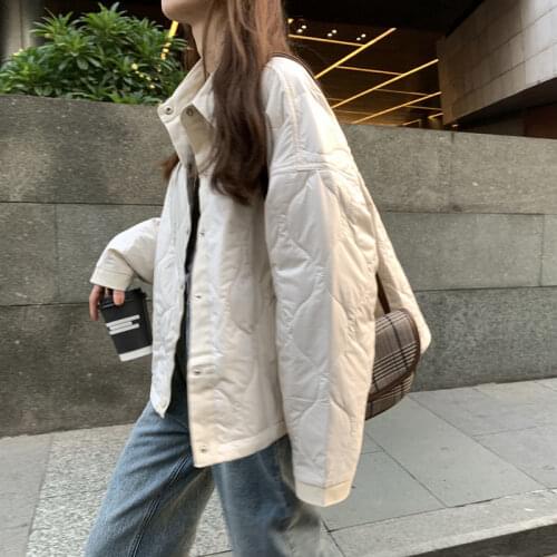 2021 New Winter Coat Cotton Jacket Female Student Embroidered Letters Stitching Lape Rhombus Pattern PlusSize Clothing for Women