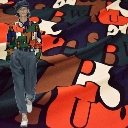 2021 summer new style European and American fashion letters hit color geometric abstract patchwork Huangpu satin dress fabric