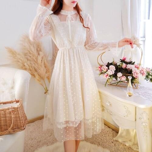 Autumn Spring Lace Long Dress Women One-piece Fairy Mesh Dresses Korean Sequined Petal Sleeve Sweet Solid Long Sleeve 2021