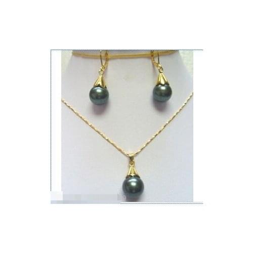 Fashion 12mm Black shell pearl pendant Necklace earring set Natural Freshwater pearl jewelry