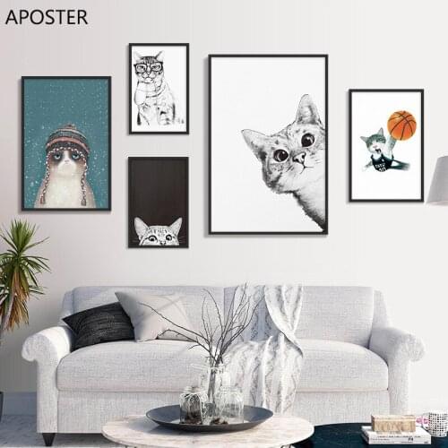 Nordic Lovely Cartoon Cat Play Basketball Canvas Poster And Prints Art Canvas Painting Wall Art Pictures For Living Room Decor