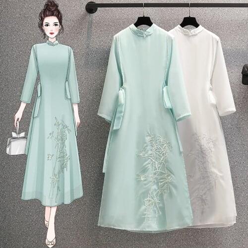 Improved Hanfu Stand Collar Floral Embroidery Long Sleeve Lace-up Plus Size Solid Color Women Vintage Chinese Midi Dress 4XL
