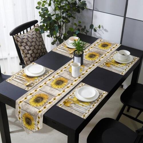 Farm Sunflower Vintage Wood Rustic Table Runner Placemats Set Country Wedding Table Decoration for Kitchen Home Dining Holiday