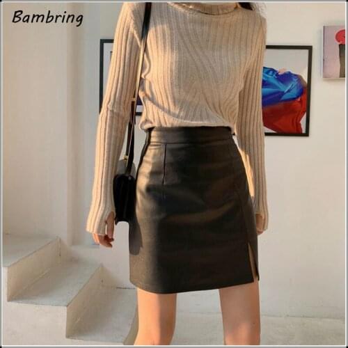 High Waist Split Pu Leather Zipper Skirt Pencil Women Bodycon A-line Black Sexy Mini Skirts Vintage Lady Stretch Autumn 2020 New