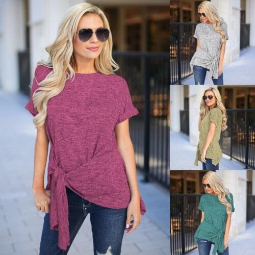 Summer New Wild WomenS Solid Color T-Shirt Round Neck Irregular Lace Up Short Sleeve Top