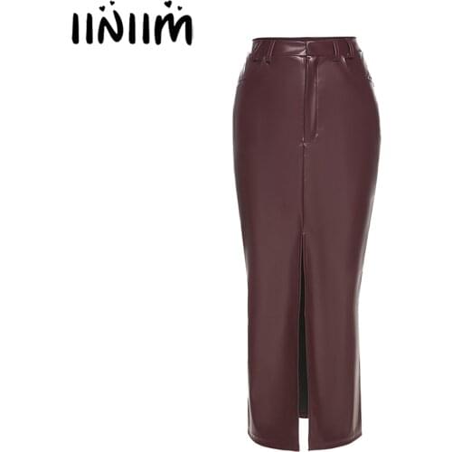 Iiniim Womens Wetlook Leather Split Front Pencil Skirt Spring Autumn Casual High Waist Bodycon Skirts Fashion Street Clubwear
