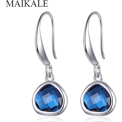 MAIKALE Simple Blue Color Crystal Drop Earrings Oval Round Rhinestone Hanging Long Earrings for Women Jewelry Gifts