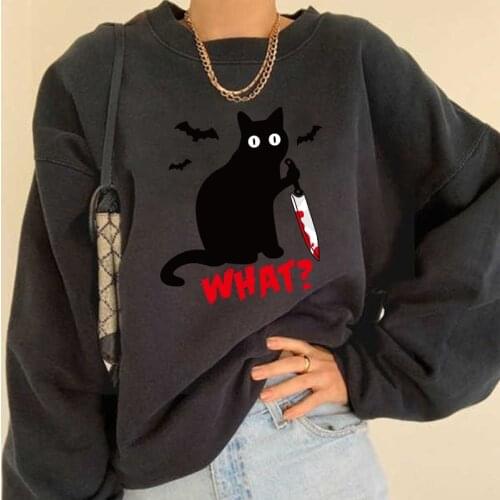 Women Sweartshirts Drop Shoulder Loose Swearshirt Streetwear Moletom Feminino Black Cat with A Knife What Letter Print Funny