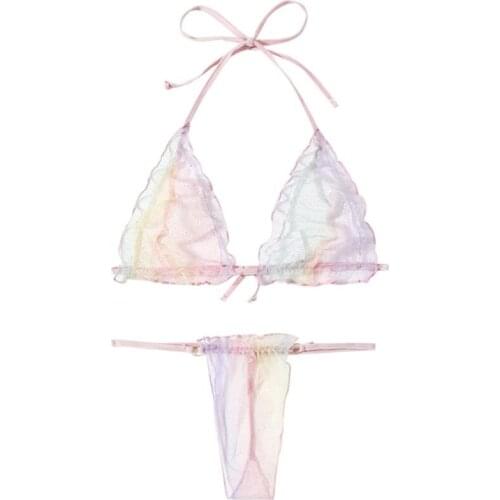 Women Colorful Lingerie Set with Sequins See Through Deep V-neck Lace-up Bra Panties