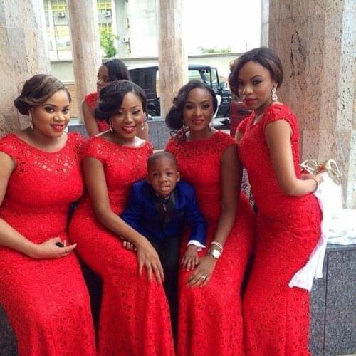 Plus Size Red Lace Long Bridesmaid Dresses mermaid Scoop Neck cap sleeve Zipper Floor Length Formal Dresses Women Dress 2015