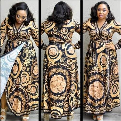 2020 African Dress For Women Clothing Fashion Vintage Floral Printed Dashiki Clothes Sexy Split V Neck Maxi Dress Ankara YB1046