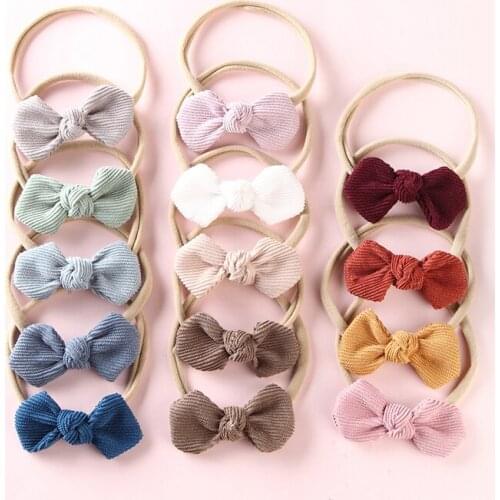 14PCS/lot Soft Corduroy Knot Bow Nylon Headbands For Girls Hair Bows Bulk Ealstic Hair bands Hair Accessories Baby Shower Gift