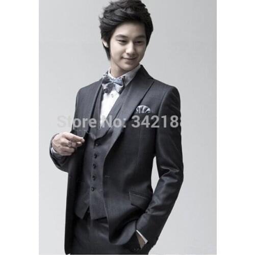 2015 FREE shipping/One Button Dark Grey Groom Tuxedos Peak Lapel Best Man Groomsmen Men Wedding Suits/western wedding suitsweddi