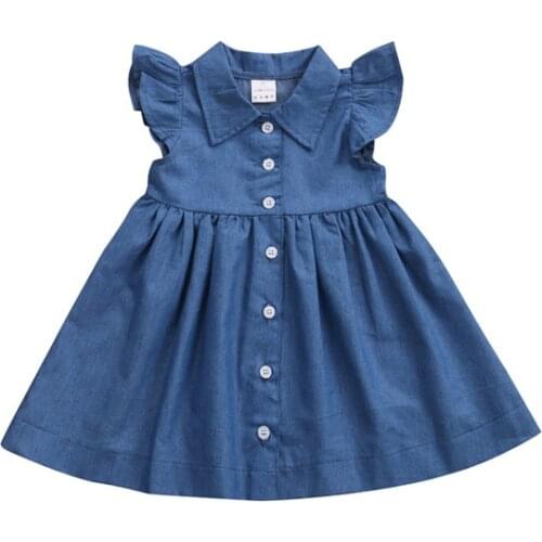 2017 Fashion Cute Infant Baby Girls Denim Petal Sleeve Turn-down Collar Button Blue A-Line Knee-Length Dress Outfit Summer Party