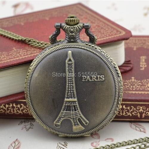 50pcs.lot Bronze Eiffel Tower Real Pocket Watch Top Quality Watch Necklace Gift Watch Factory Price Wholesale
