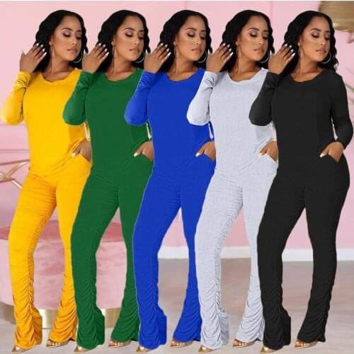 53ZH5289 Autumn Winter Women Casual Fashion Solid Pleated Flare Long Sleeve Sports Two Piece Set Tracksuit Sweatsuit Outfits Hot