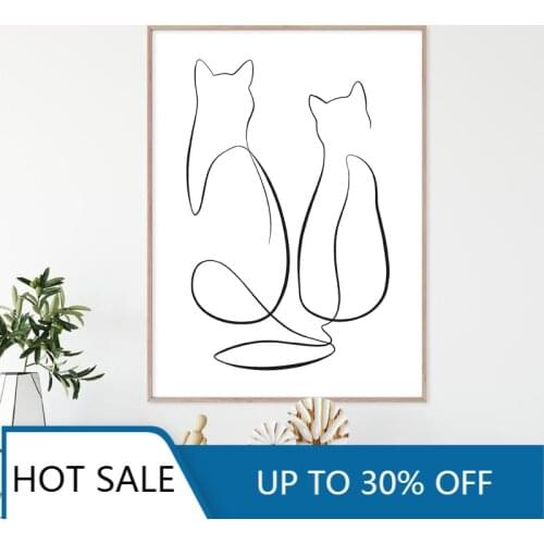 Two Cats Single Line Drawing Wall Art Canvas Painting Poster Print Black and White Abstract Minimal Wall Decor Modern Home Decor