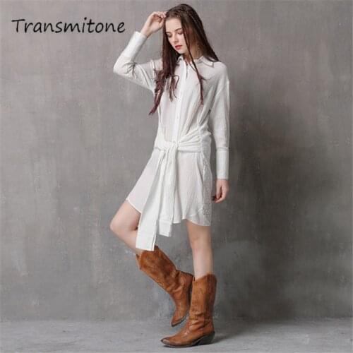 Hollow Out White Dress 2020 Vintage Spring Cotton-linen Loose sashes Dress Long Sleeve Vestidos Feminino Casual Dress For Girls