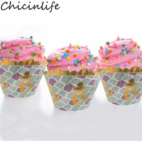 Chicinlife 12Pcs Mermaid Cupcake Wrappers Baby Shower Girl Birthday Party Decoration Wedding Mermaid Party Cupcake Wrap Supplie