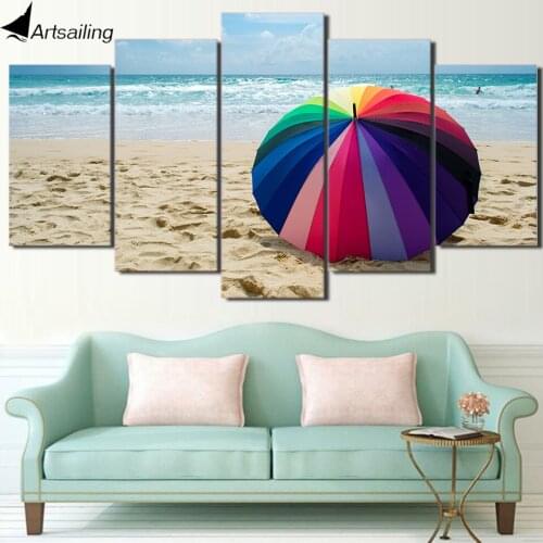 HD Printed 5 Piece Canvas Art Beach Painting Rainbow Umbrella Wall Pictures Decor Framed Modular Painting 5 panels CU-2405B
