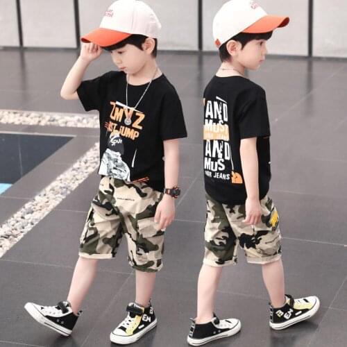 Childrens Middle School Boys Camouflage Teenage Clothes Hip-Hop Dance Suits Fashion T Shirt + Short Pants Two Piece Sport Set