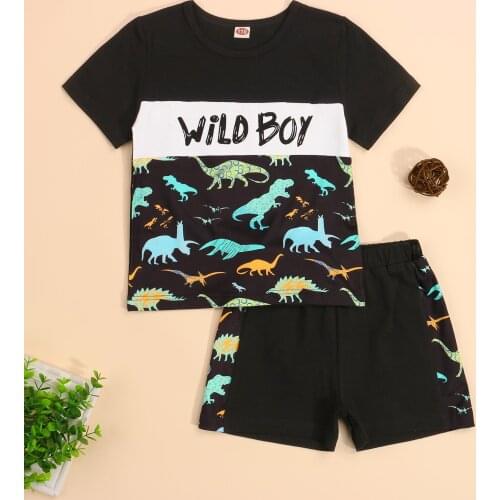 Kid Short Sleeve + Shorts, Letter Dinosaur Print, Elastic Waist Two-piece Casual Summer Clothing