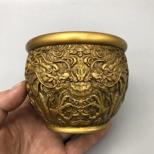 Old copper cylinder, Double dragons playing with beads, Zhaocai copper cylinder, Exquisite handicraft decorations