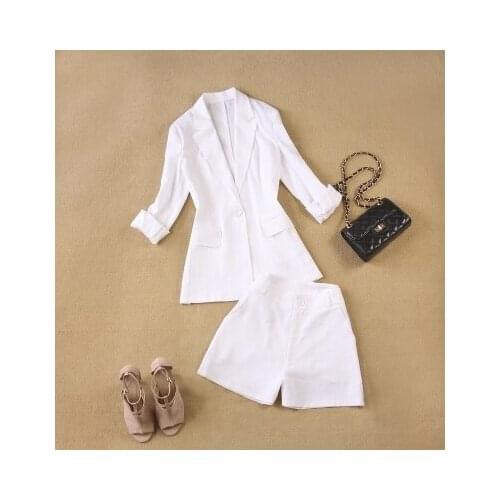 Fashion suit women summer New high-quality linen breathable white casual business suit + wide-leg shorts two-piece suit women