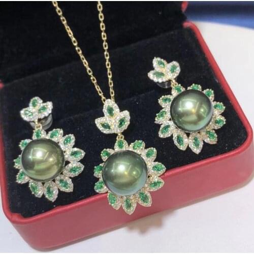 D618 Pearl Set Fine Jewelry 925 Sterling Silver Round 9-10mm Nature Fresh Water Peacock Green Black Pearls