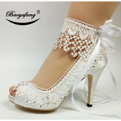 BaoYaFang 2019 New arrive Ladies weddding shoes woman Lace-Up woman Pumps Peep Toe Platform shoes Fringe Ankle strap Open Toe