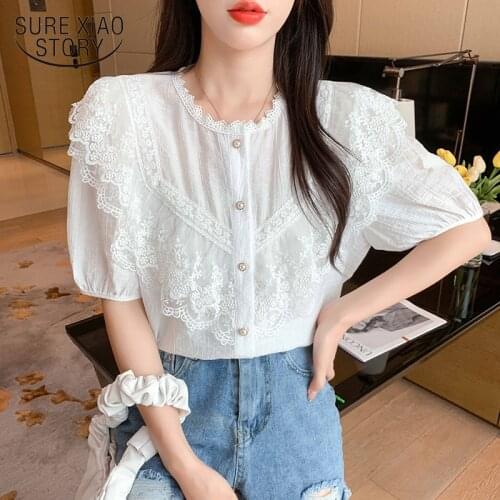 2021 Summer New Womens Short Sleeve Blouse Round Neck Solid Color Shirt Lace Shirt Joker Embroidered Womens Shirt Blusas 13808