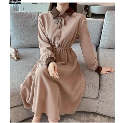 2021 Fall Autumn Fashion Women Slim Waist A Line Peter Pan Collar Cute Sweet Girls Red Bow Tie Shirt Dress
