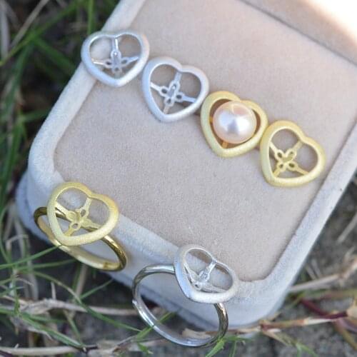 QIAOBEIGE Diy handmade accessory 925 silver heart frosted earring ring SEMI empty pearl holder,Earring Findings jewelry making