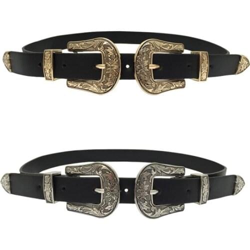 New Vintage Carved Design Metal Wide Double Buckle Belt Adjustable PU Waistband dressWomen leather Belts Trendy For Jeans Straps