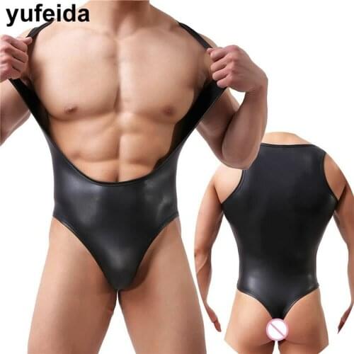 YUFEIDA Sexy Mens Underwear Black PU Leather Bodysuit Overalls Leotard Jumpsuits Undershirt One Piece Clubwear Wrestling Suit