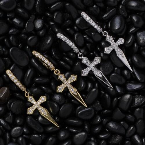 Hip HOP Pure Gold Plating Earrings CZ Bling Ice Out Stud Earring Cubic Zironia Stone Sword Earrings for Men Couple Jewelry Girl