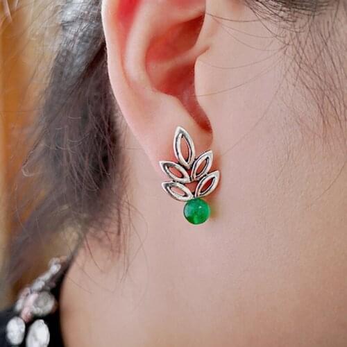 Natural Round Green Jasper 925 Silver Color Hollow Leaf Earrings Fashion Emerald Chalcedony Leaves Earrings Bridal Jewelry Gift