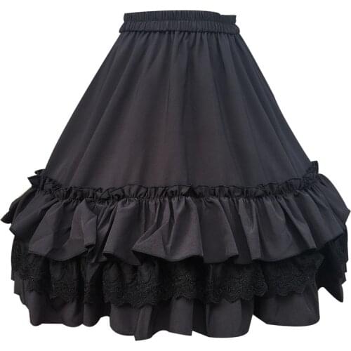 Women White Black Lolita Knee Length Skirts Chiffon Lace Ruffles Sweet Empire Tiered Pannier Princess Elastic Waist Bustle