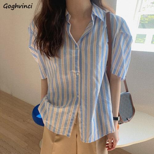 Summer Casual Striped Shirts Women Basic Half Sleeve Loose Single Breasted Top Oversize Office Ladies Gentle Temperament Outwear
