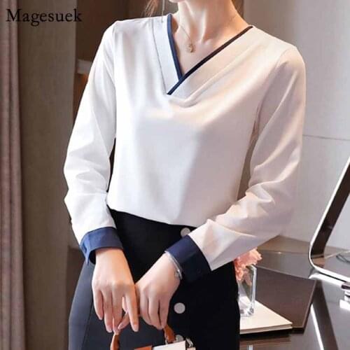 Autumn White Long Sleeve Fashion Women V-neck Office Lady Tops Shirts Blouses 2020 Contrasting Color Chiffon Shirt Blusas 10788