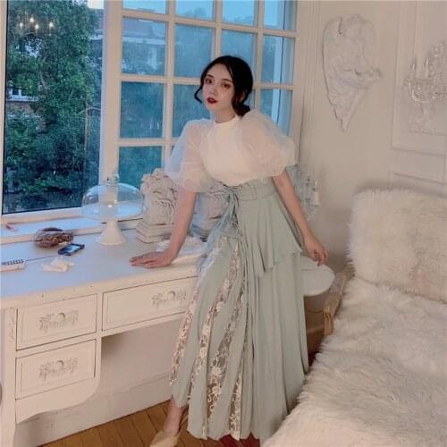 2PC Fashion Women Retro Puff Sleeve Sweet Shirts&High Waist Lace Patchwork A Line Skirt Sets Two Piece Chic Dress Suits Outfits
