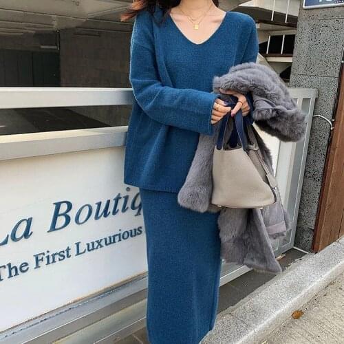 Two Piece Set Womens Fall Winter 2021 Fashion Outfits Pullovers V Neck Knitted Tops Elastic Band High Waist Midi Skirts