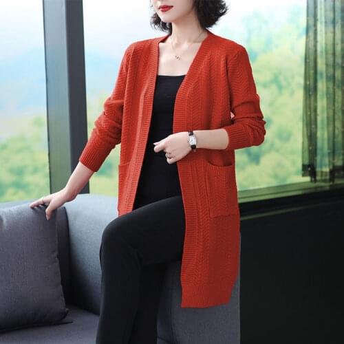 PEONFLY New Women Autumn Winter Sweater 2020 Mid Long Cardigan Korean Knitted Cardigan Pocket Loose Outwear Coat Red Blue