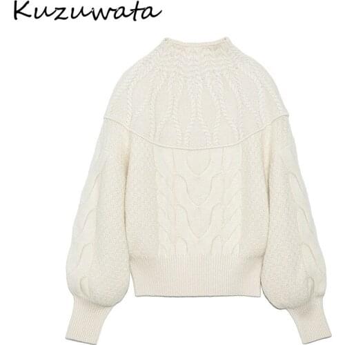Kuzuwata Twist Patchwork Lantern Sleeve Pullovers Autumn Winter Sweet Japanese Style Women Sweaters Elegant O-neck Knitted Coat