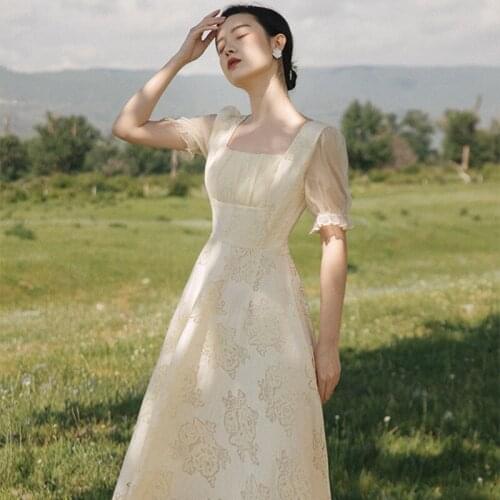 Womens French Gentle Crochet Hollow Sweet Summer Retro Dress Puff Sleeve Elegant Temperament Lace Dress Vestidos fiesta