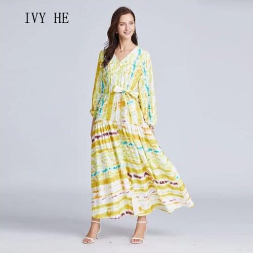 IVY HE V-neck Single Breasted Stripe Printed Yellow Long Sleeve Dress Spring And Autumn New Lace Up Bow Stitching Dresses
