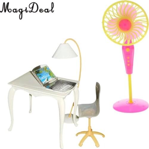 3Pcs Plastic Miniature Office Desk Chair Floor Fan Play Set for Action Figures Dolls House Garden Bedroom Furniture Decor Accs