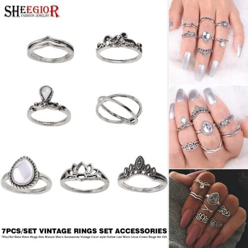 7Pcs/set Bohemian Vintage Rings Set Baroque style Hollow Star Water Drop Lotus Flower Crown Rings for Women Men Ring Accessories