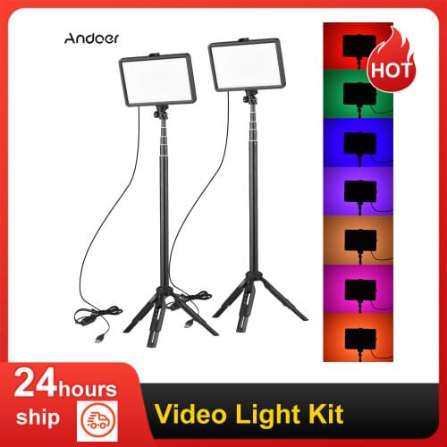 Andoer Portable RGB Video Light Kit with 2 * LED Video Light 7 Colors Lighting 3200K-5600K 10 Levels Brightness USB Powered